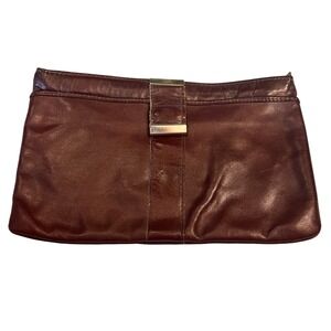 Vintage Excel Burgundy Brown Oxblood Leather Clutch Bag Evening Handbag Zipper